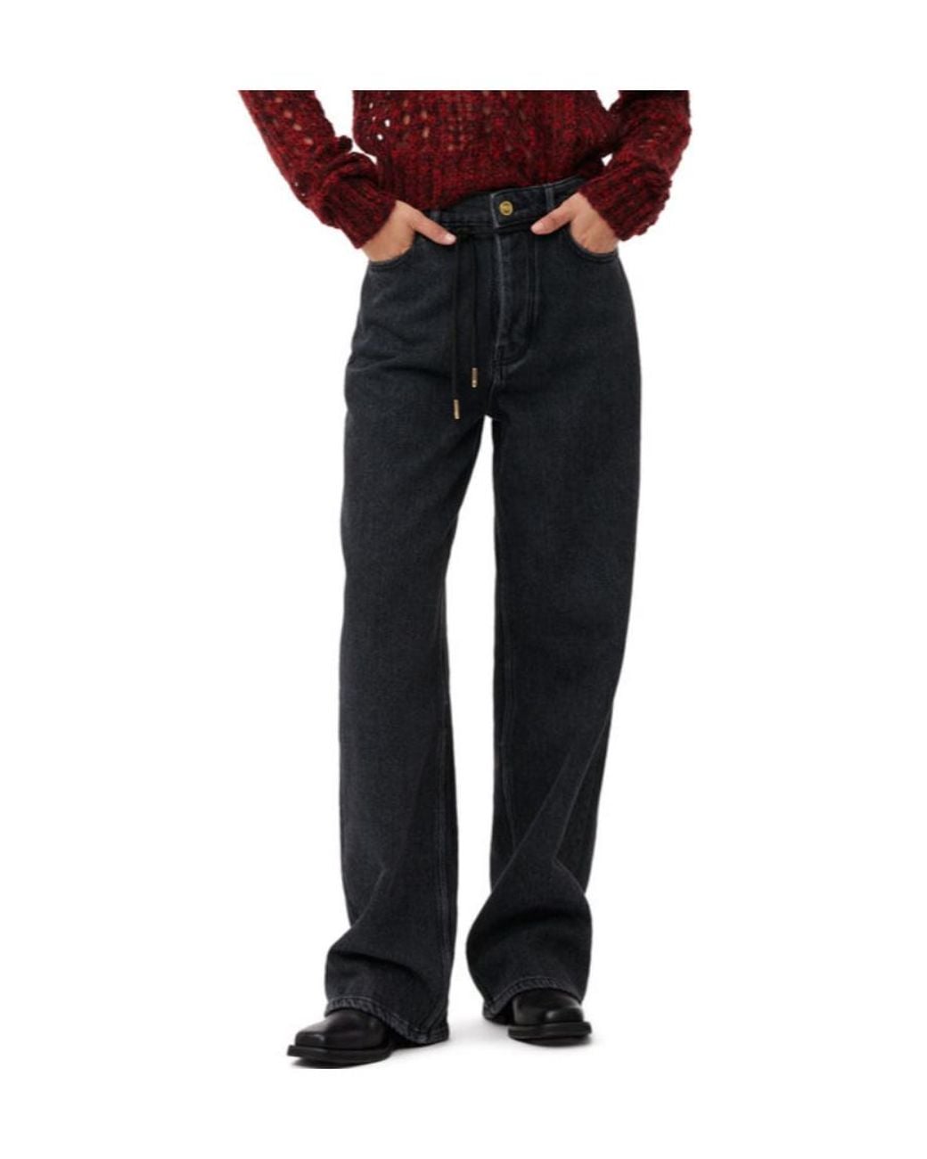Ganni Blue Drawstring-Fastened Logo Patch Straight-Leg Jeans