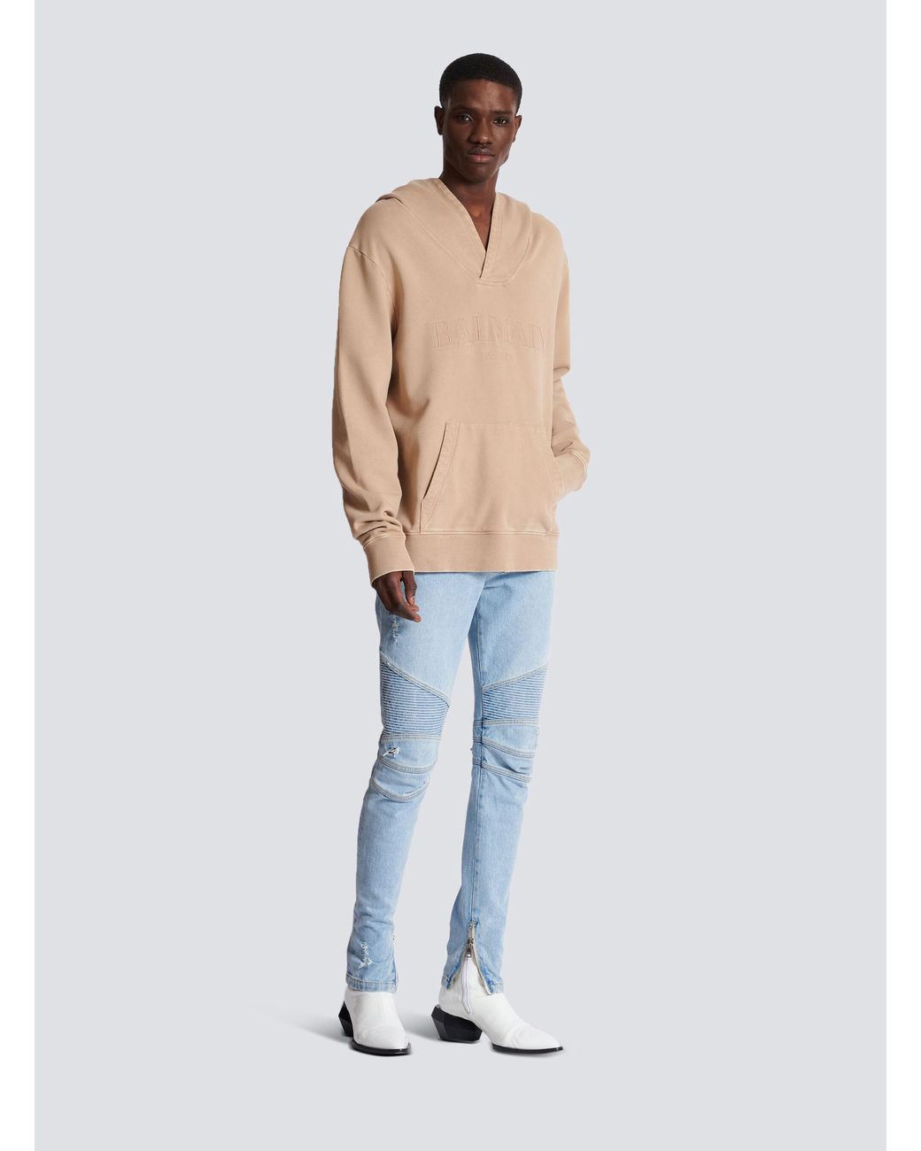 Balmain Natural Embroidered Logo Hoodie for men