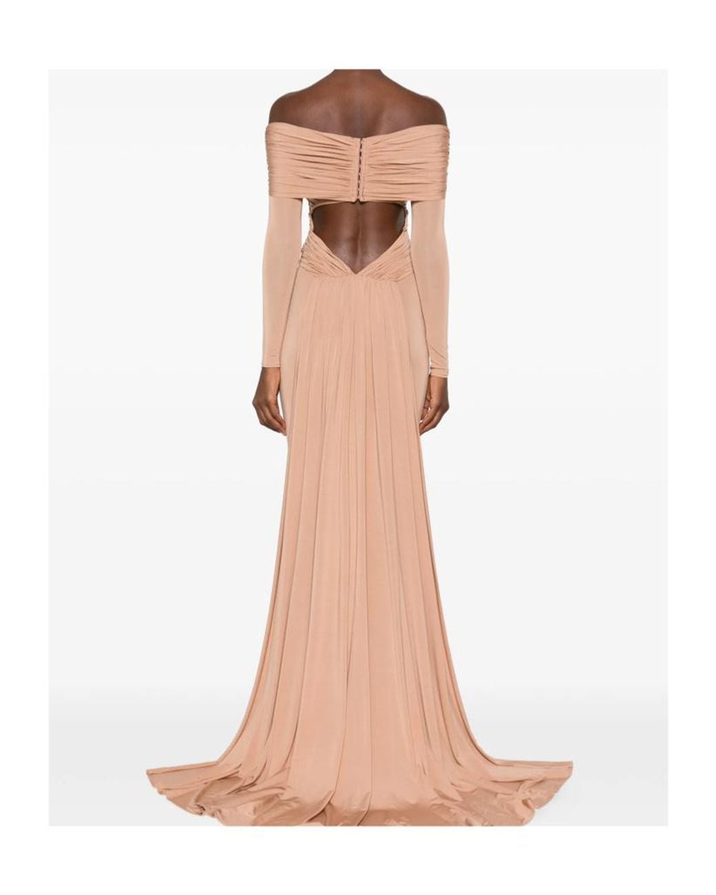 Elisabetta Franchi Natural Ruched Off-Shoulder Maxi Dress