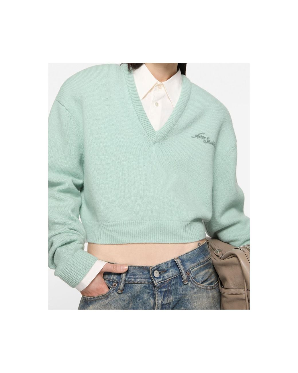 Acne Blue Logo Embroidered V-Neck Knitted Jumper