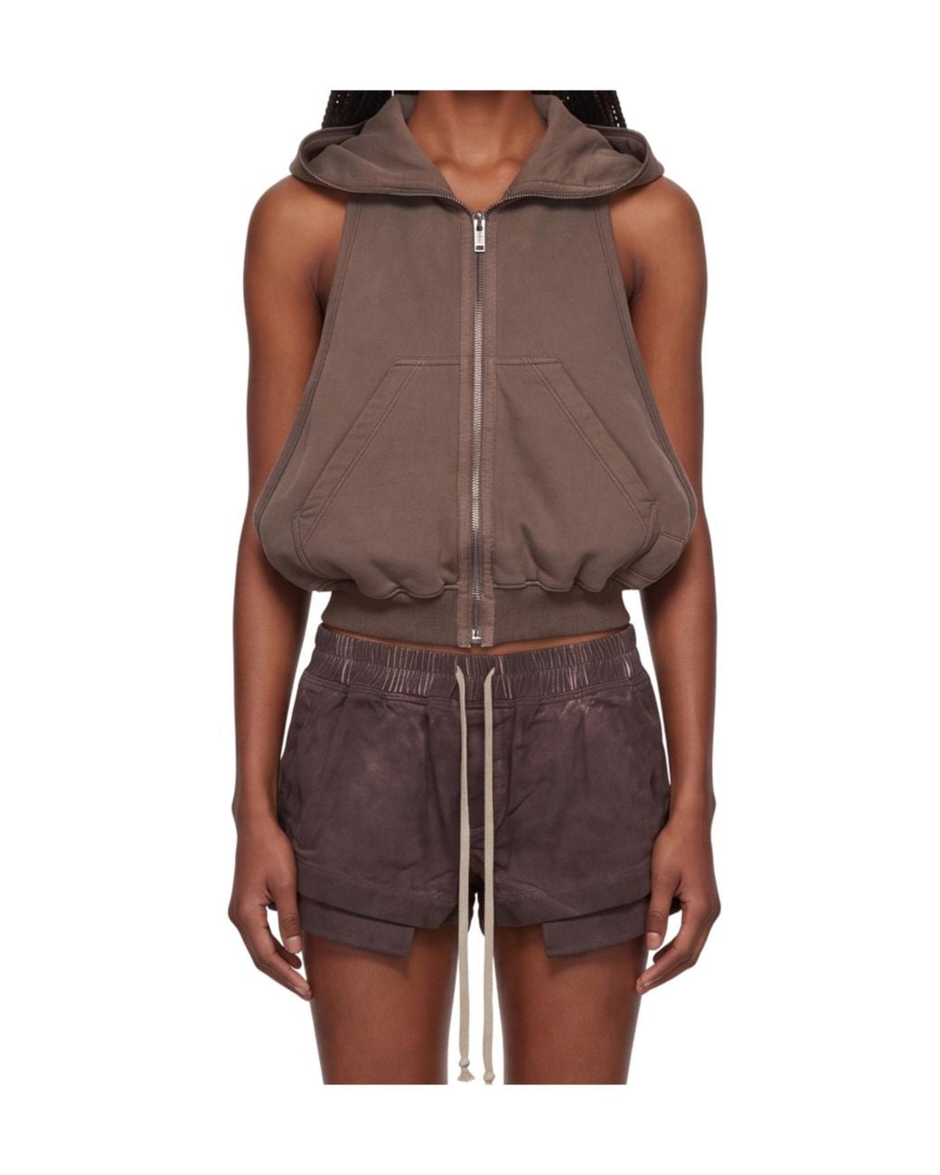 Rick Owens Brown Sleeveless Zip-Up Hooded Gilet