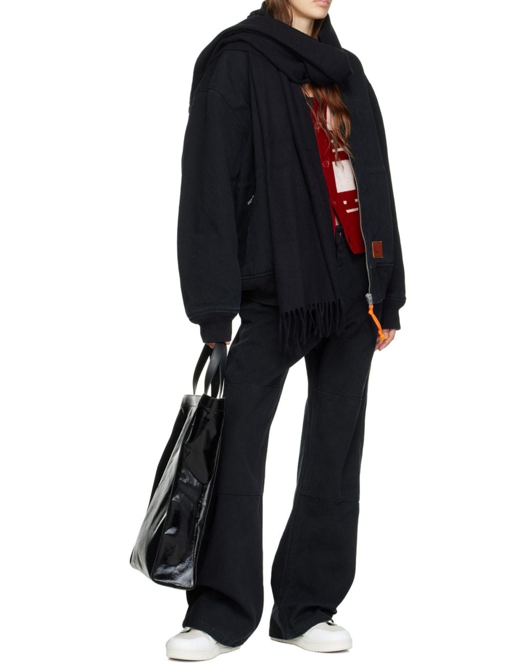 Acne Black Logo Patch Fringed Scarf for men