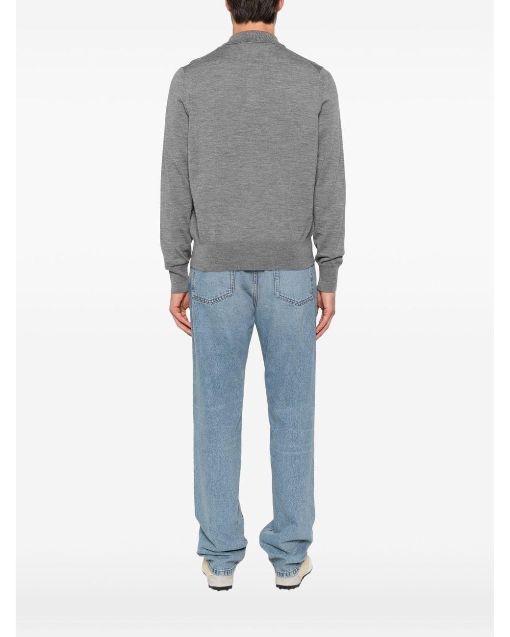 AMI Gray Long-Sleeve Knitted Polo Shirt for men