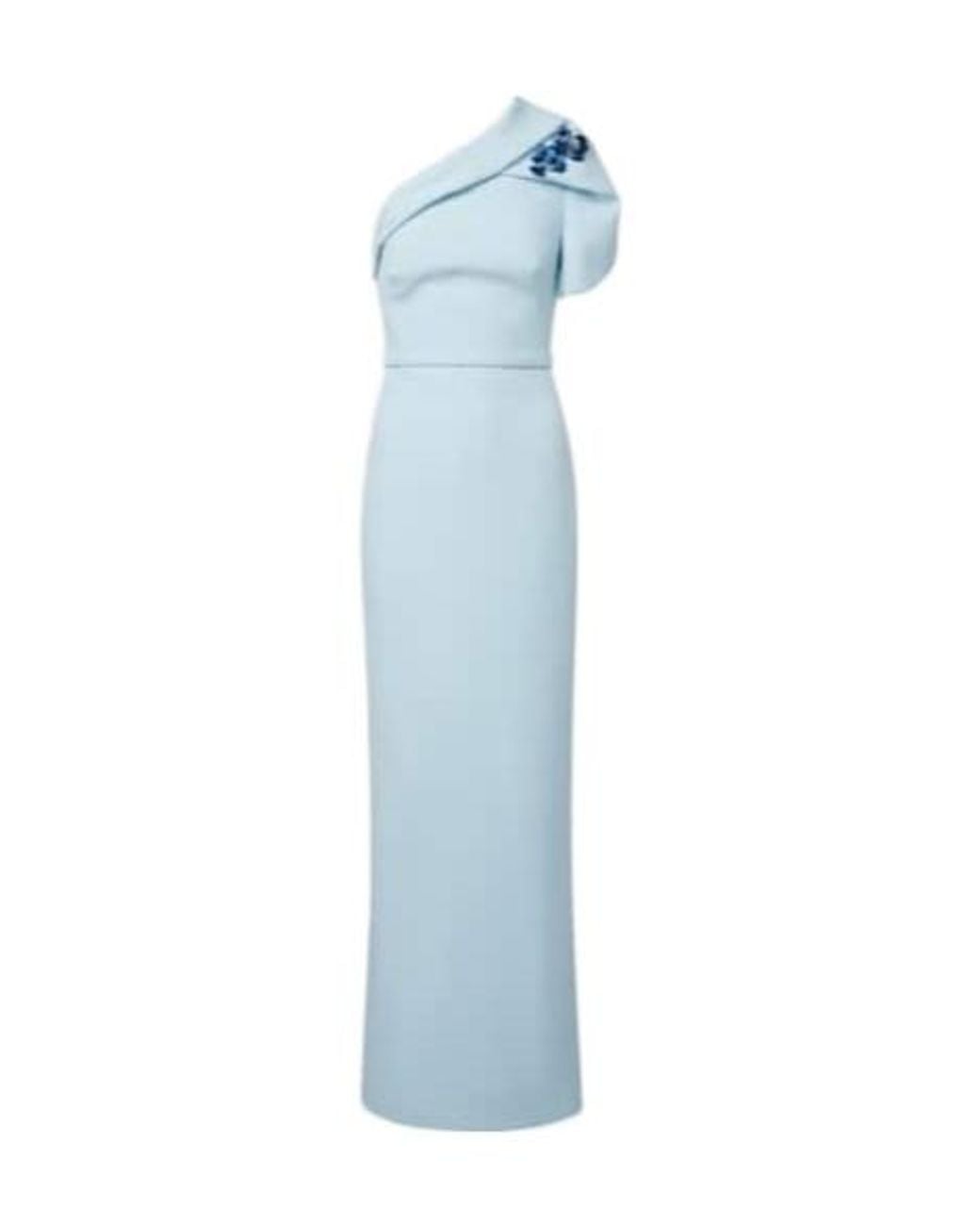 Safiyaa Blue One-Shoulder Belted Crêpe Gown