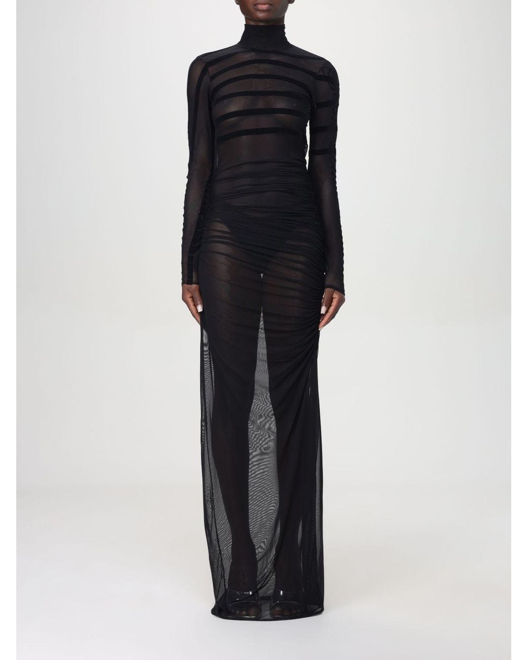 Jean Paul Gaultier Black Flocked-Stripe Mesh Maxi Dress