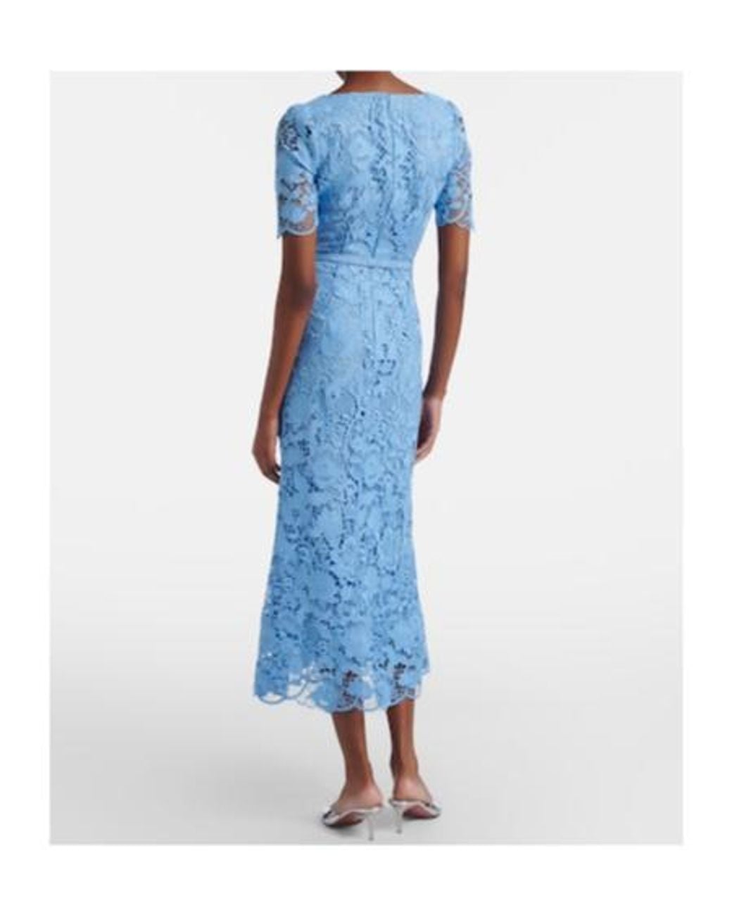 Monique Lhuillier Blue Belted Lace Midi Dress