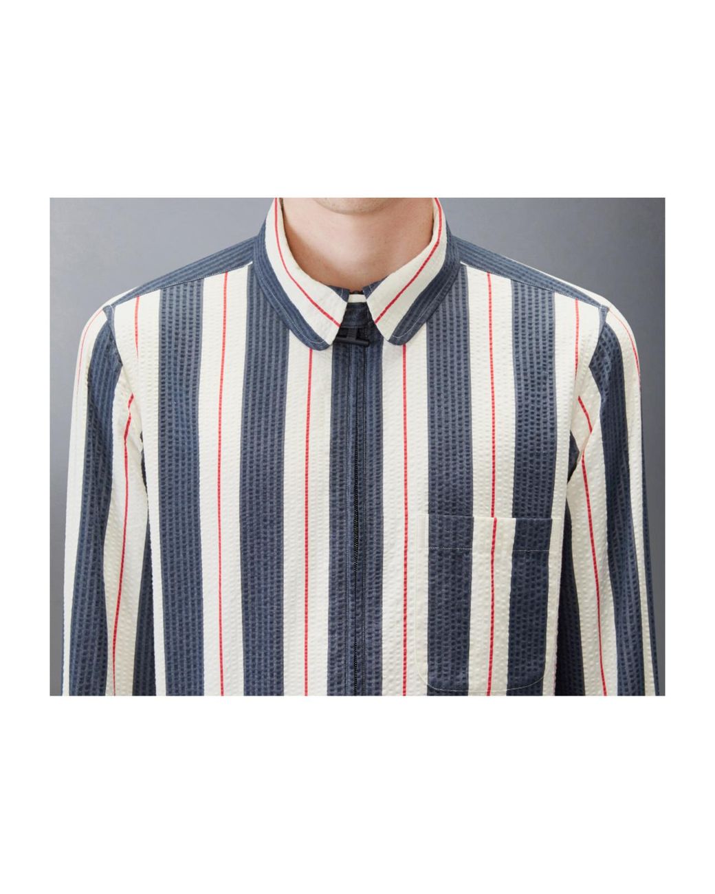 Thom Browne Blue Rounded Collar Striped Zipped Shirt for men