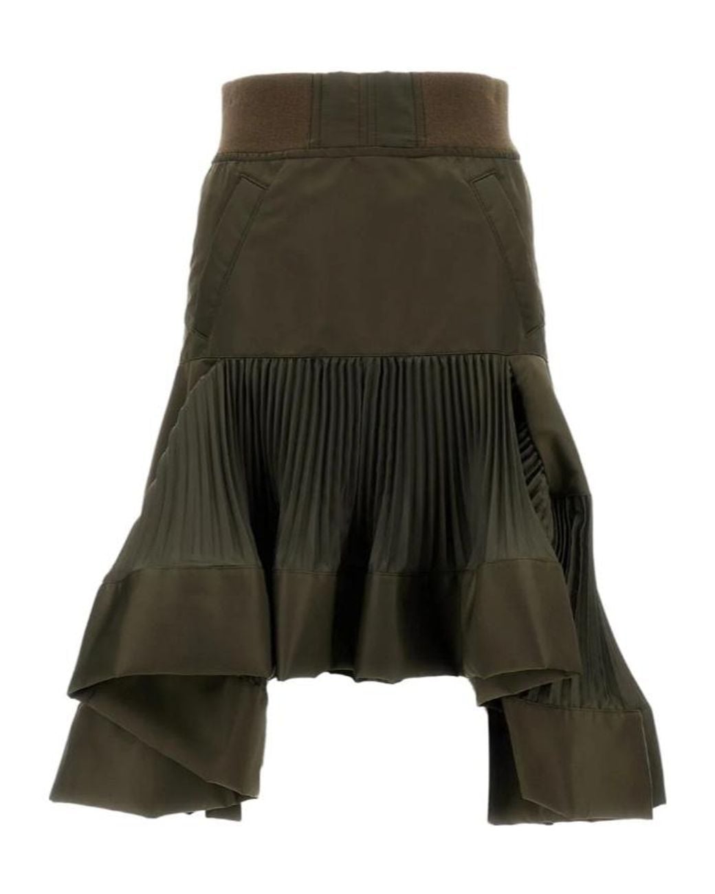 Sacai Green Pleated Panelled Maxi Skirt