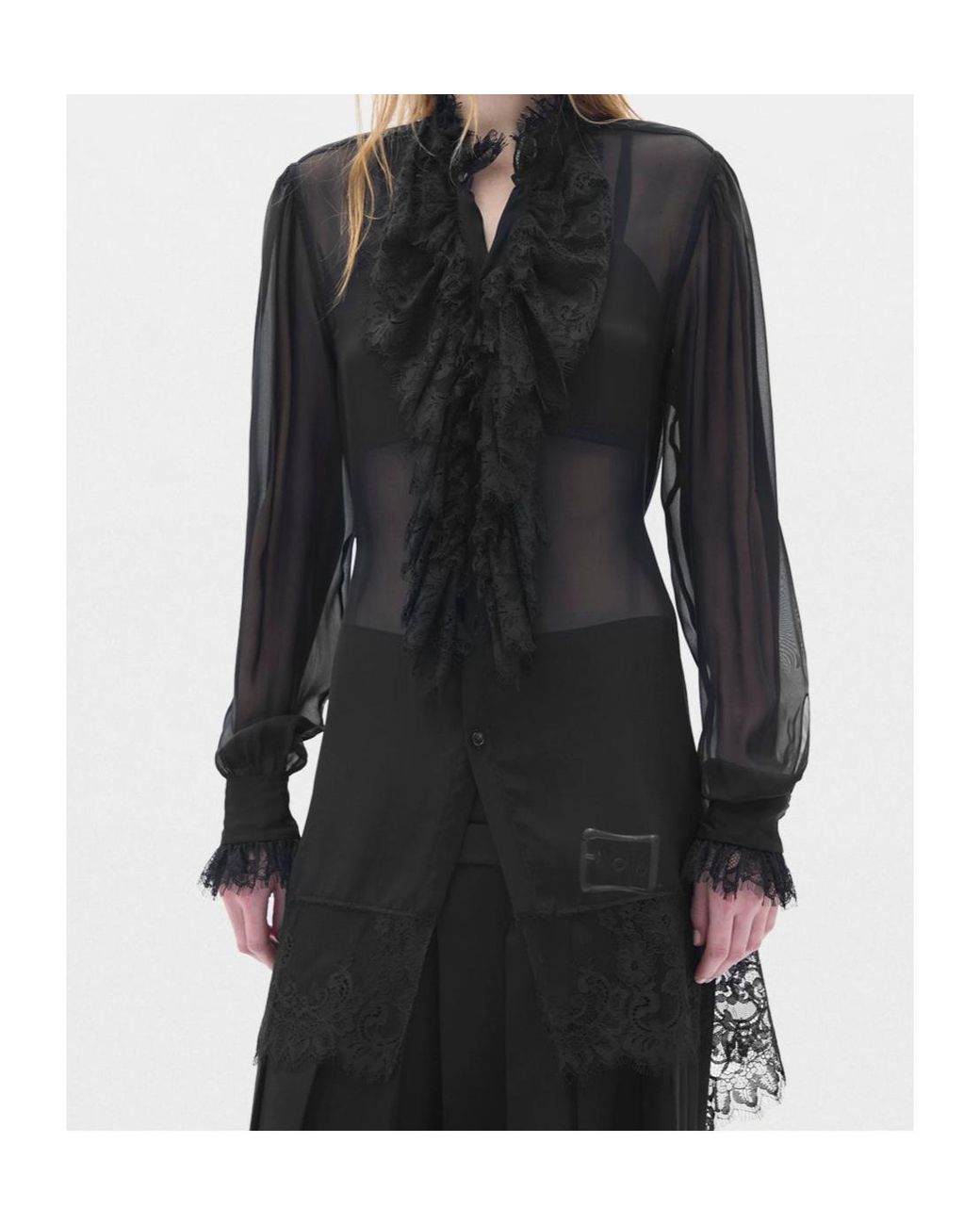 Ann Demeulemeester Black Barah Long Comfort Shirt With Lace Ruffles