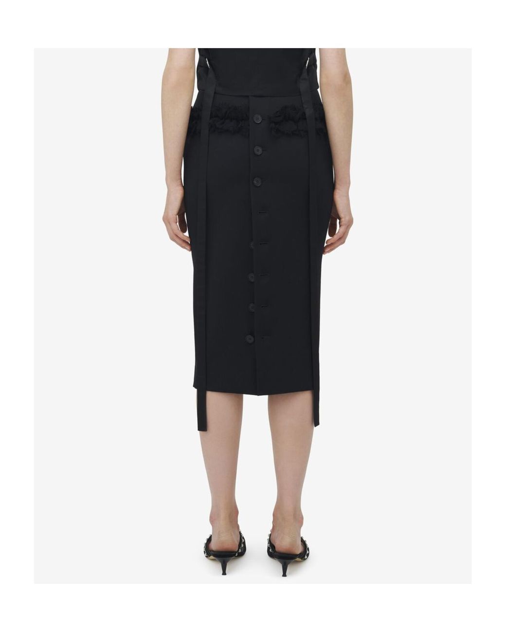 McQueen Black Wool Ruffle Midi Pencil Skirt