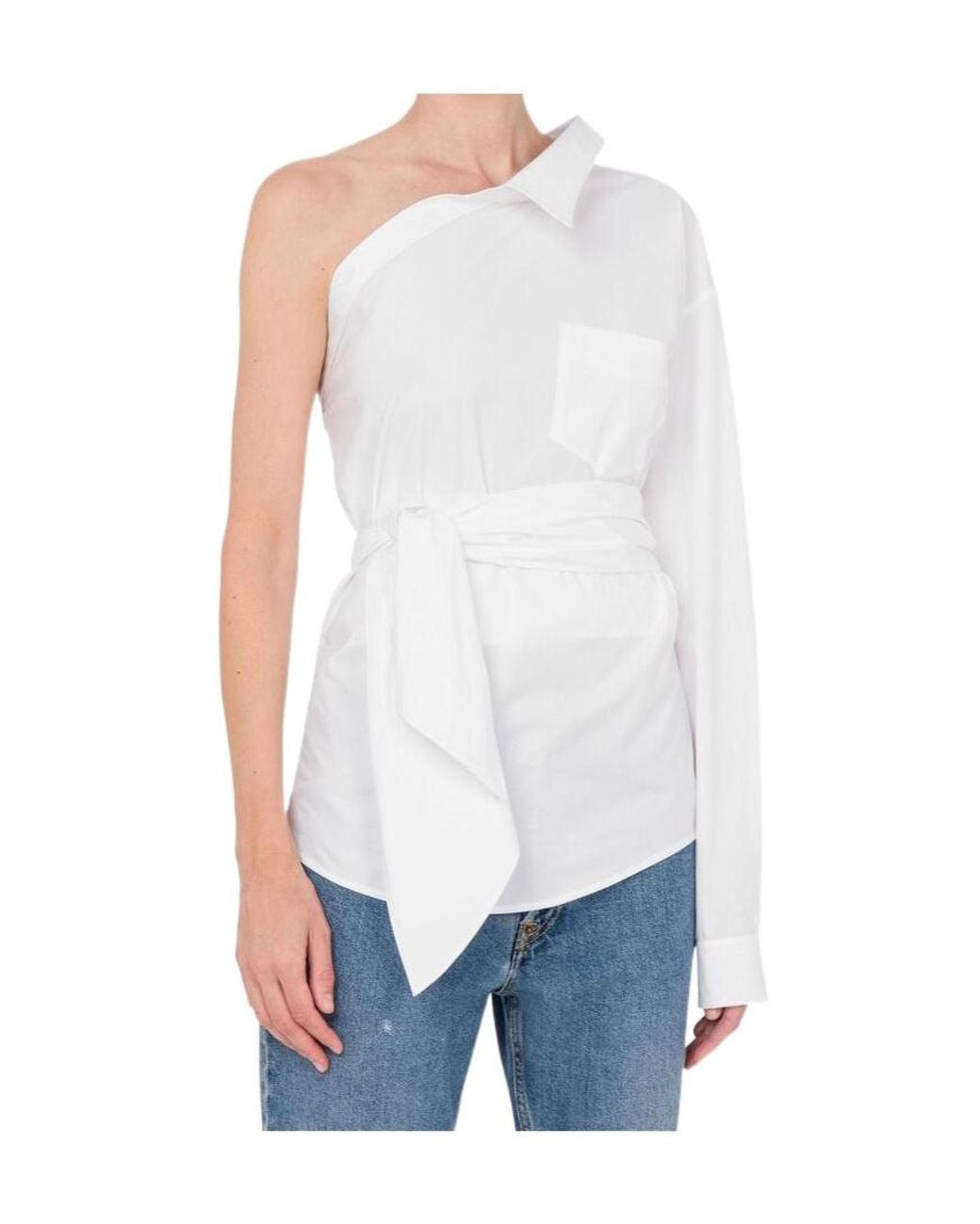 Moschino White One-Shoulder Stretch Poplin Shirt
