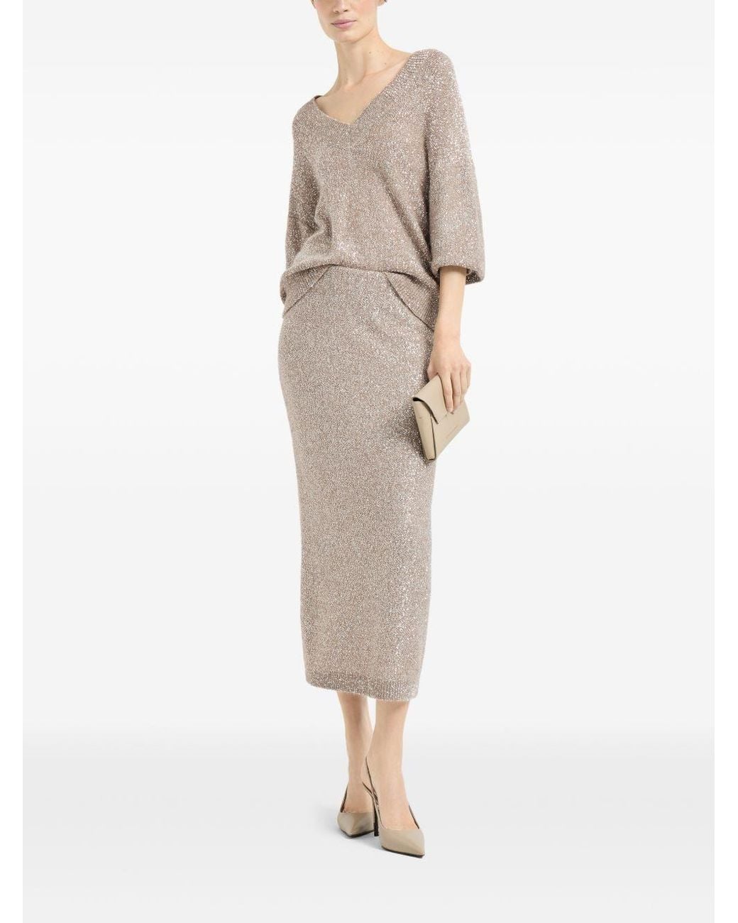 Brunello Cucinelli Natural Sequined V-Neck Knitted Sweater