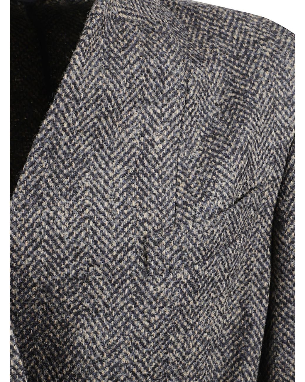 Brunello Cucinelli Gray Herringbone Patterned Belted Jacket
