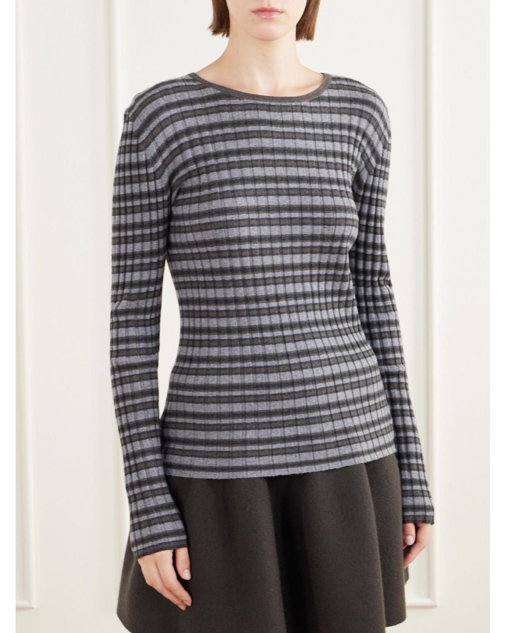 Lisa Yang Gray Striped Ribbed Cotton And Cashmere-Blend Sweater