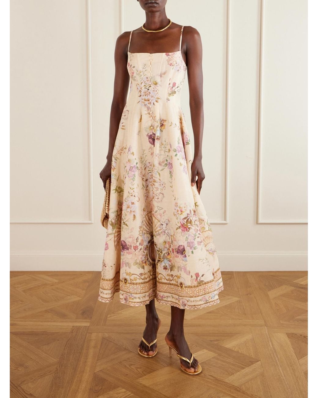 Camilla Natural Embellished Printed Linen And Silk-Blend Midi Dress