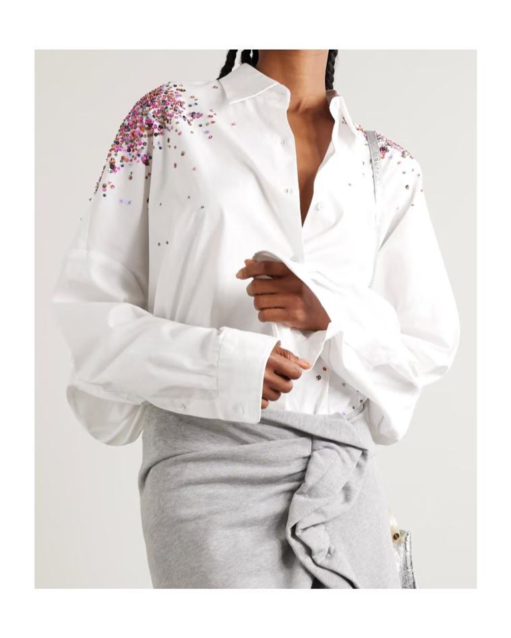 Dries Van Noten White Oversized Embellished Cotton Oxford Shirt