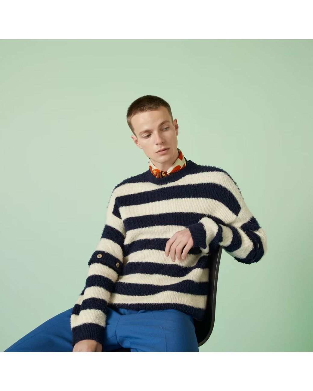 Gucci Blue Striped Crew-Neck Brushed Jumper for men