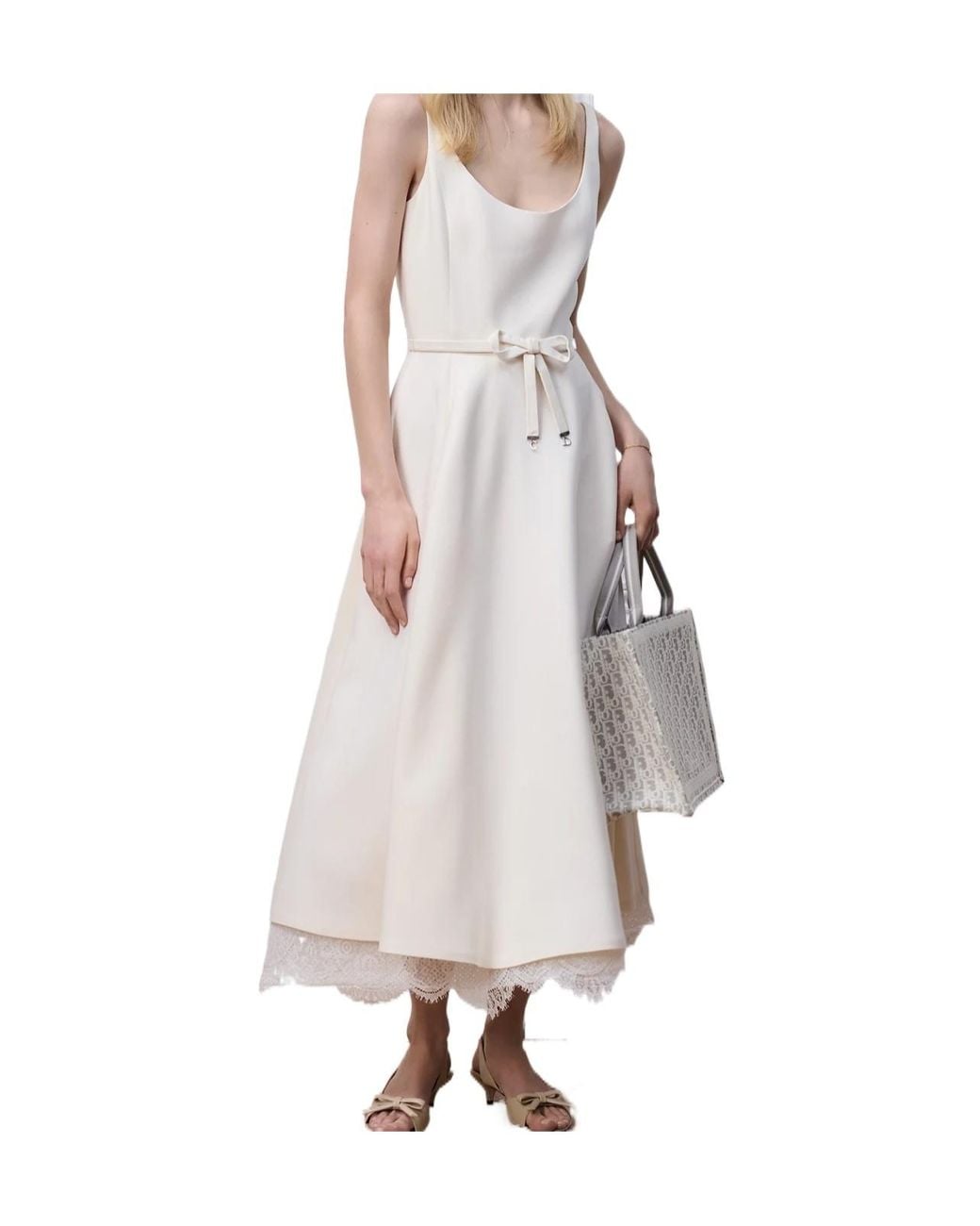 Dior White Belted Lace-Hem Dress
