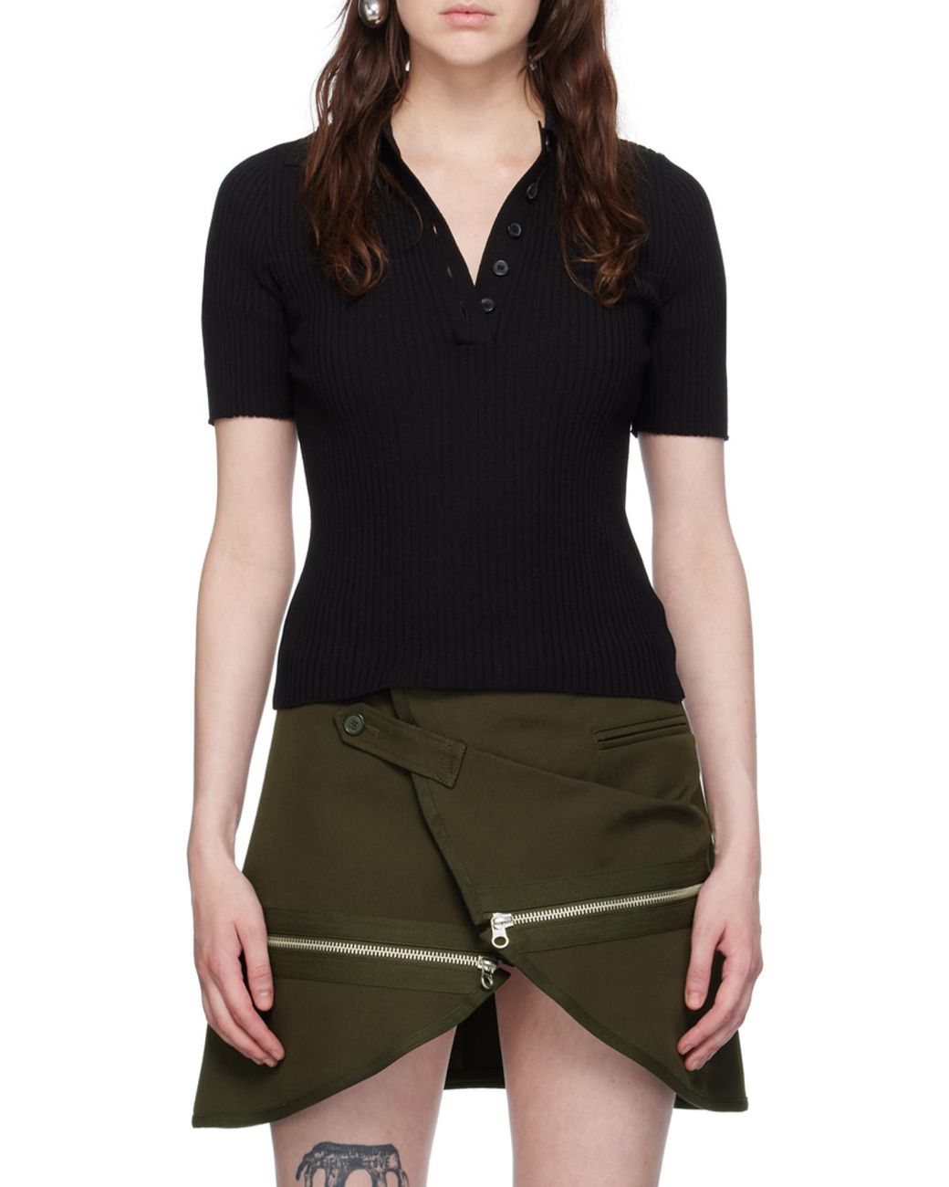 Courreges Black Courrèges Iconic Rib Knit Polo Shirt