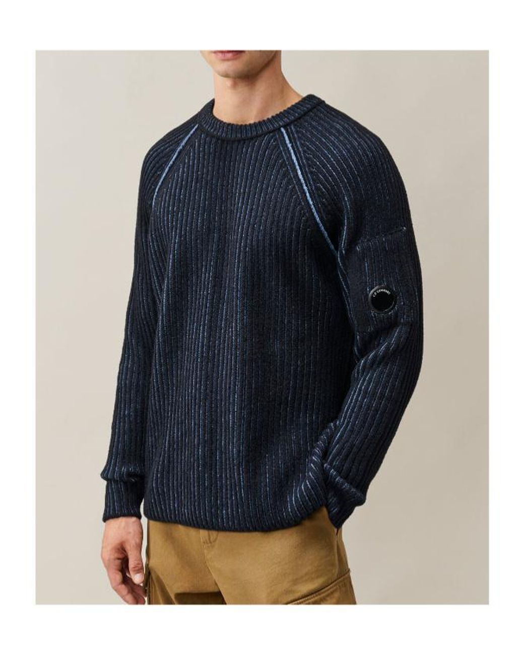 C P Company Blue Ribbed-Knit Lens-Detail Sweater for men