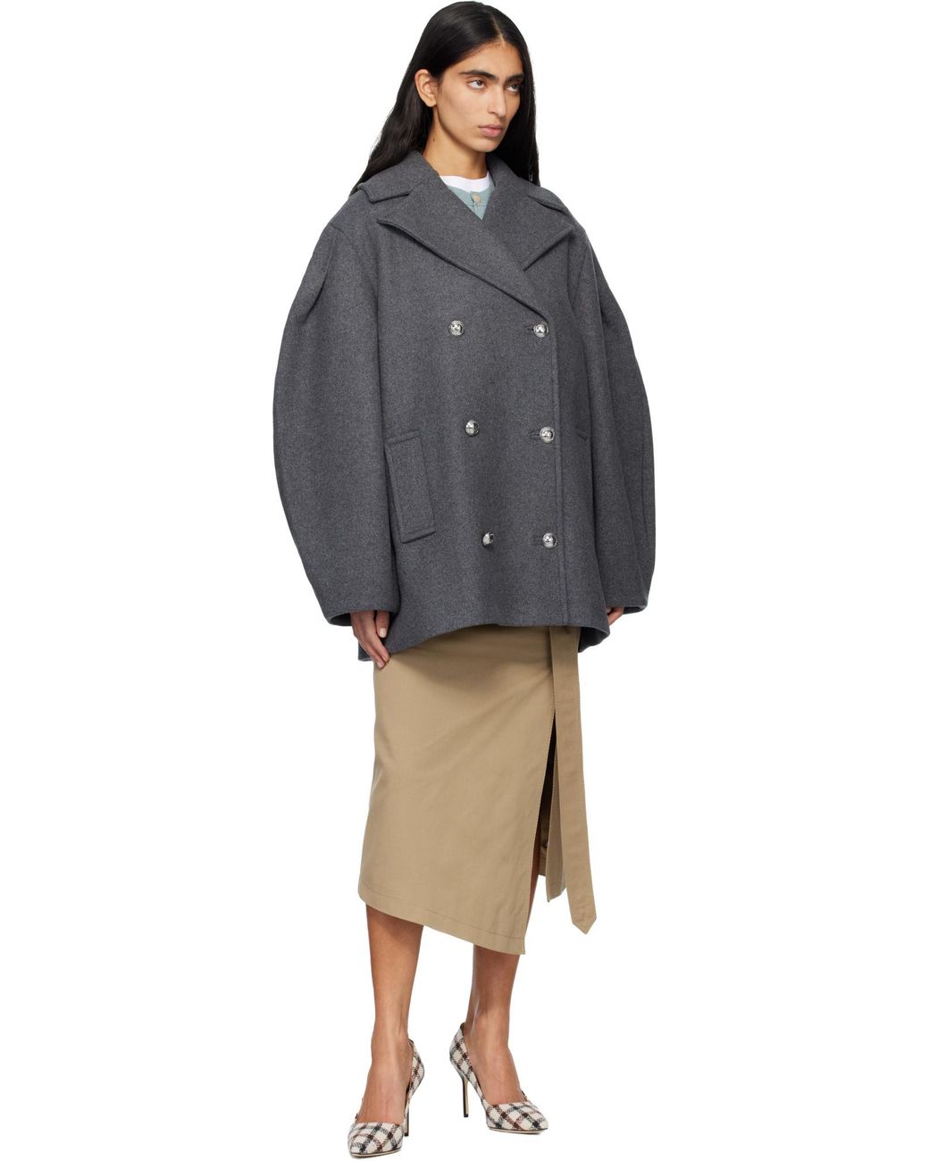 Ganni Gray Oversized Midi Peacoat