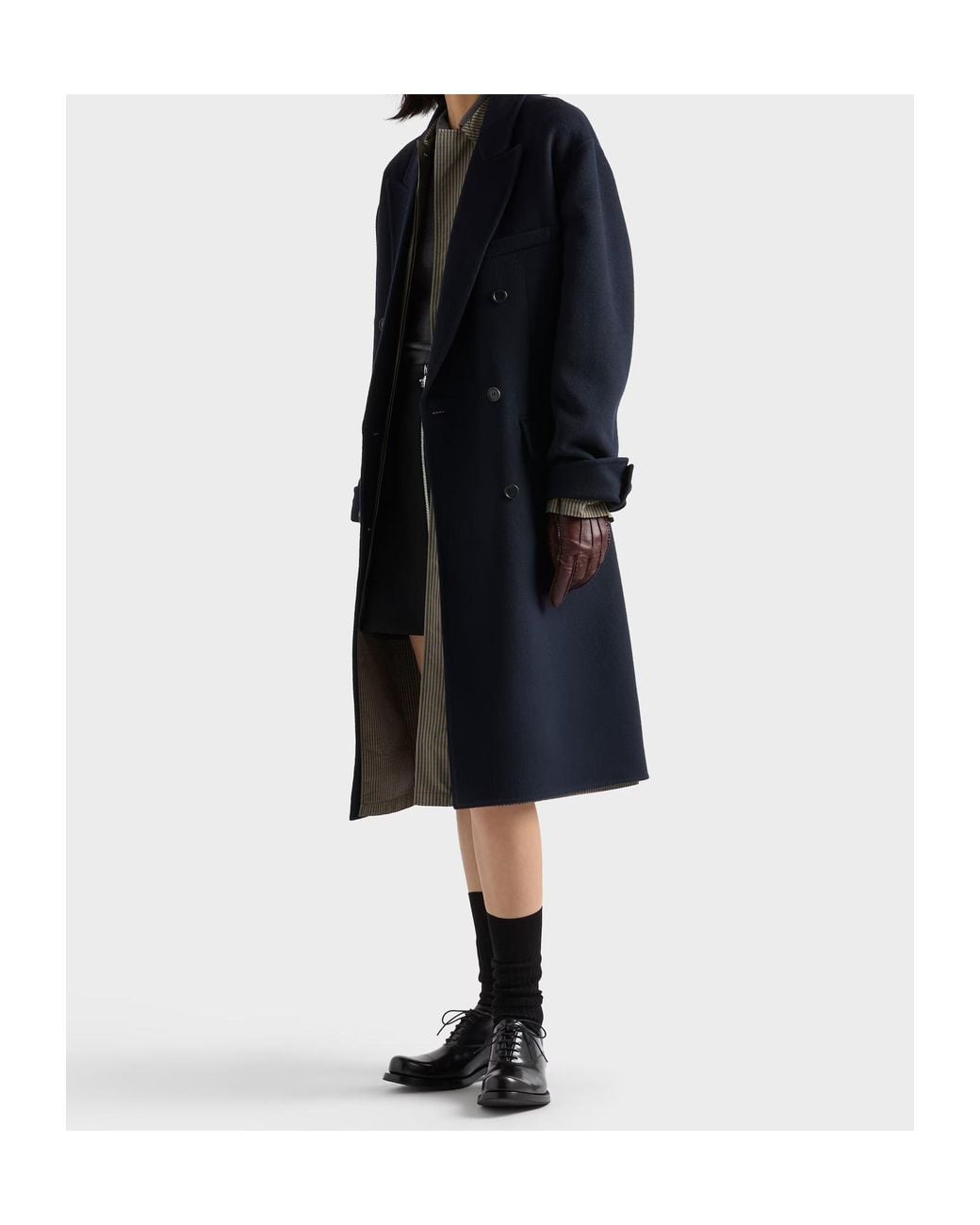 Prada Blue Belted Faux Fur-Trim Coat