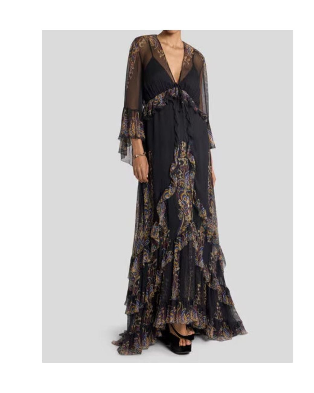 Etro Black Long Silk Dress With Placed Paisley Foliage Print