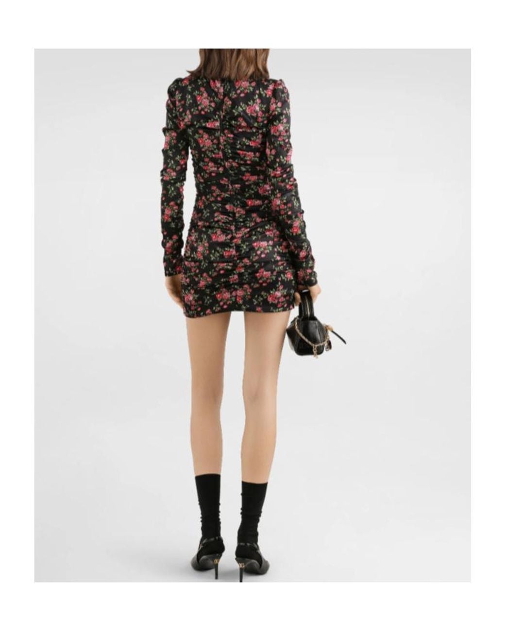 Dolce & Gabbana Black Small Rose Bouquets-Printed Mini Satin Dress