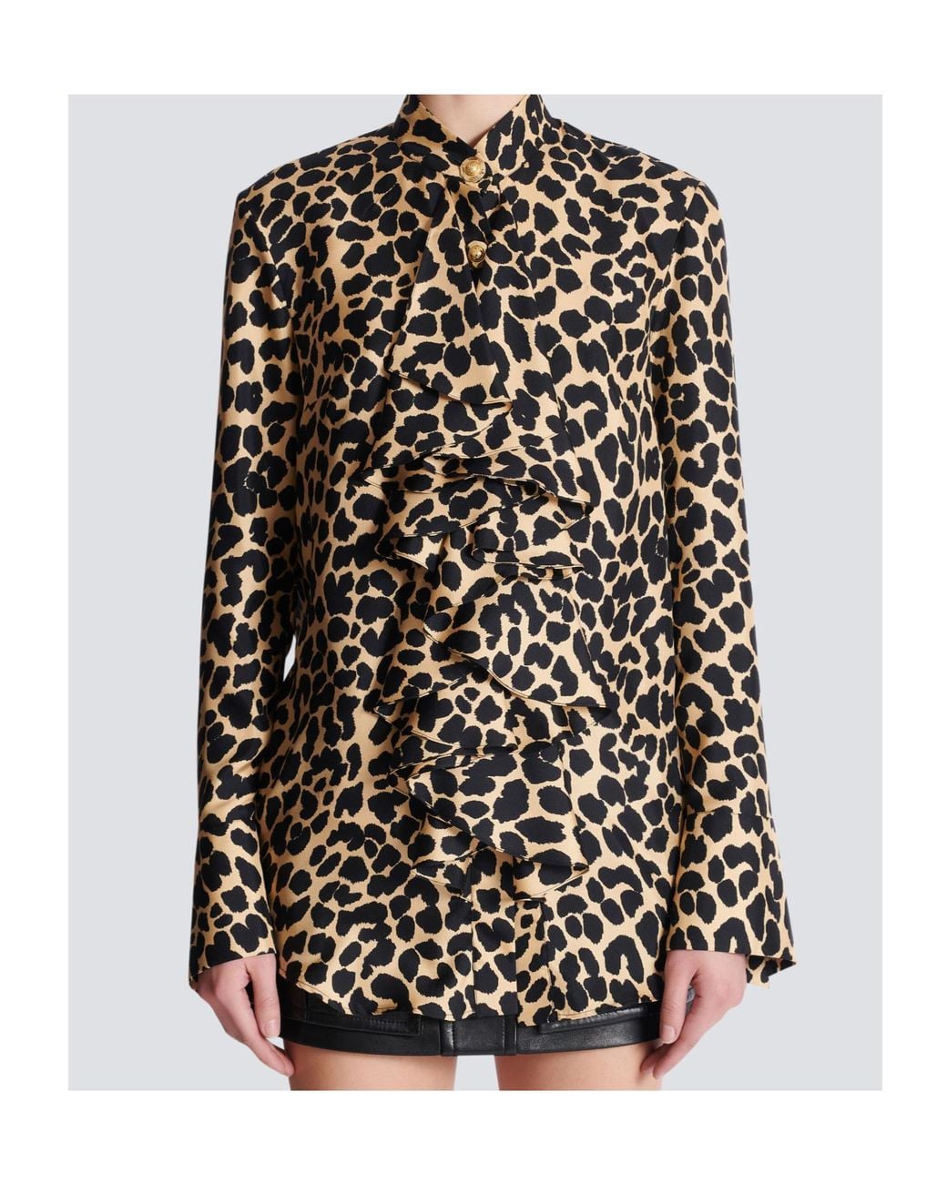 Balmain White Leopard Print Ruffled Shirt