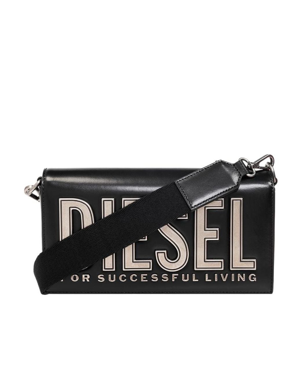 DIESEL Black Logo Lettering Foldover Top Shoulder Bag