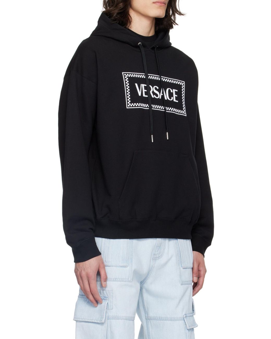 Versace Black Embroidered-90S Vintage Logo Drawstring Hoodie for men