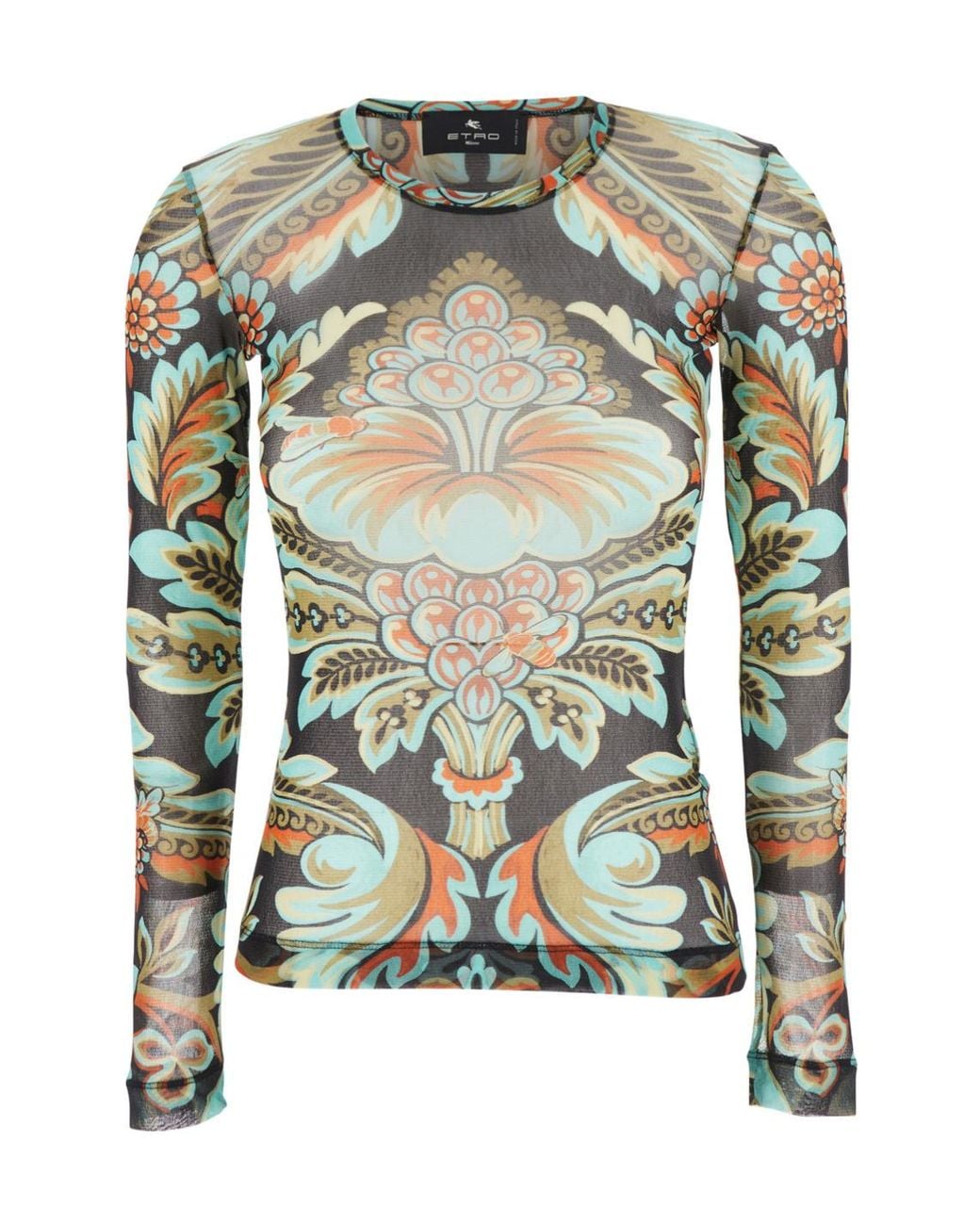 Etro Green Meshed Long-Sleeved Printed Top