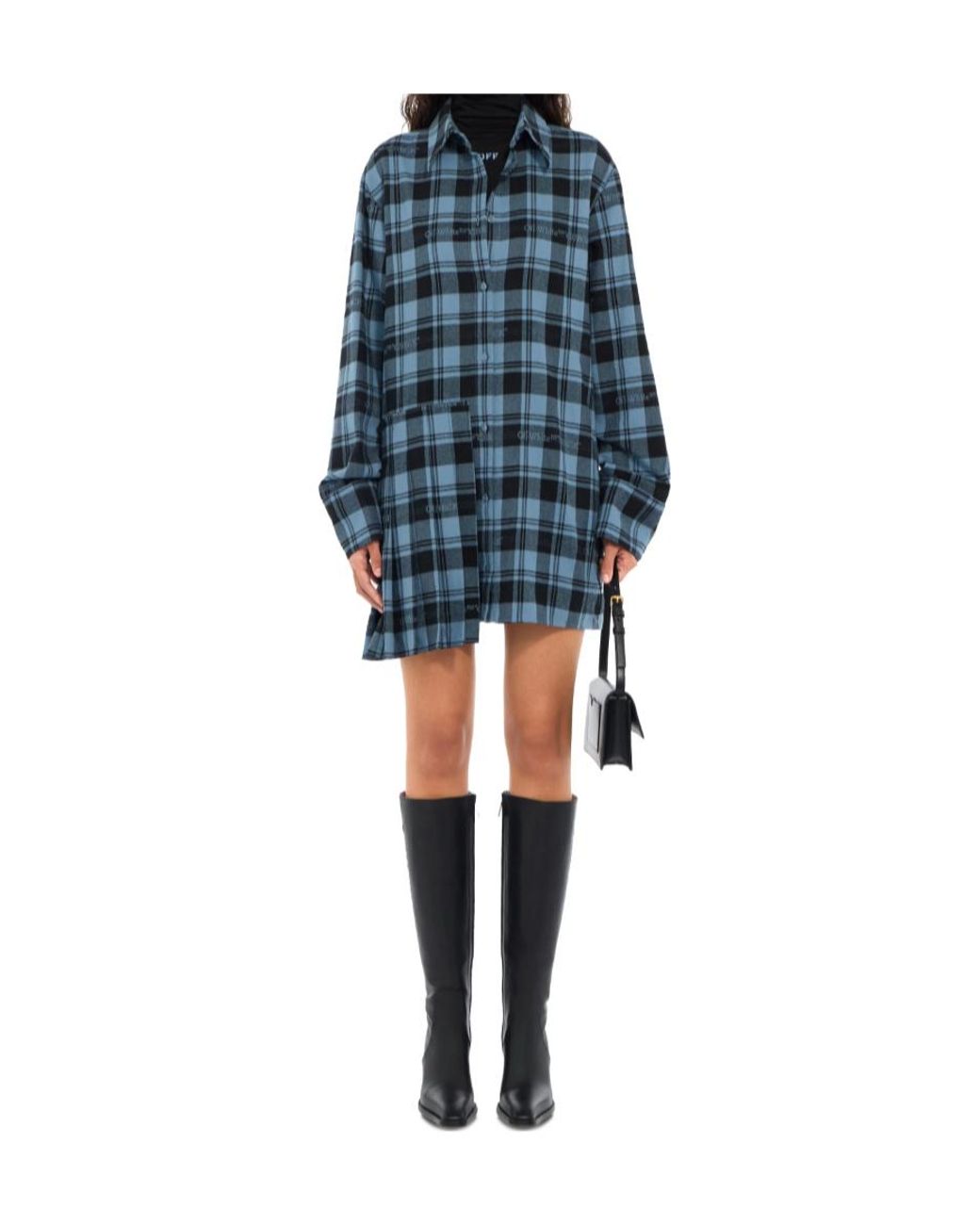 Off-White c/o Virgil Abloh Blue Checked Flannel Shirt Dress