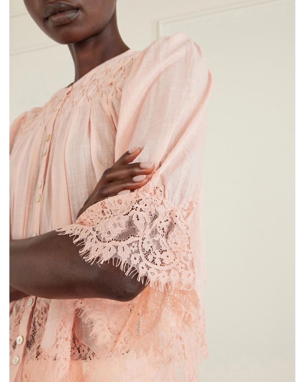 Rixo Natural Shirred Lace-Trimmed Cotton-Voile Blouse