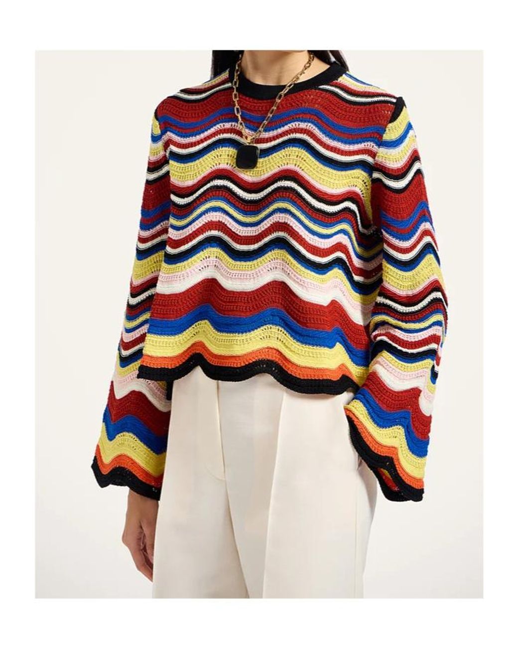 LaDoubleJ Multicolor Wave-Pattern Bell-Sleeve Sweater
