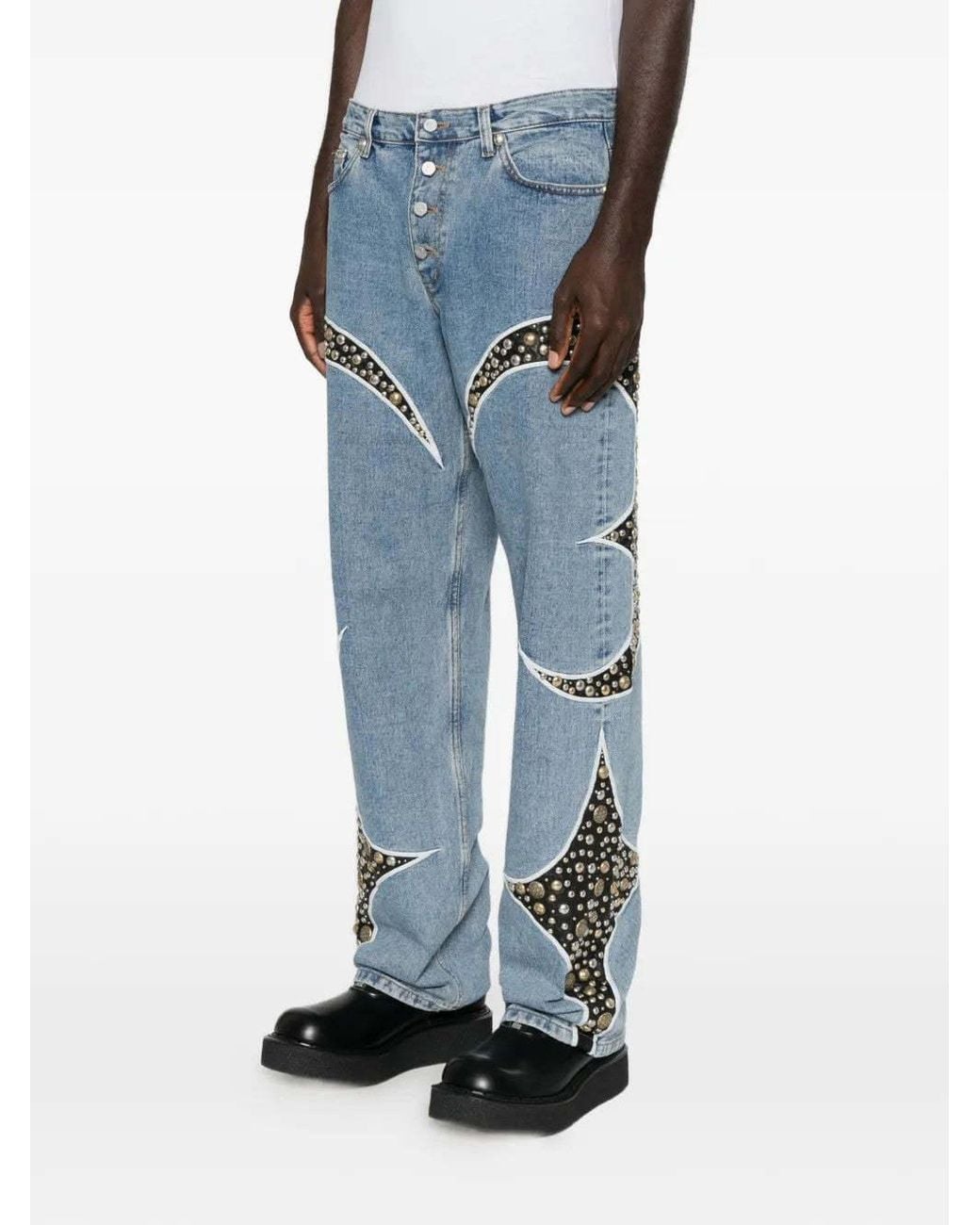 THUG CLUB Blue Studded Straight-Leg Jeans for men