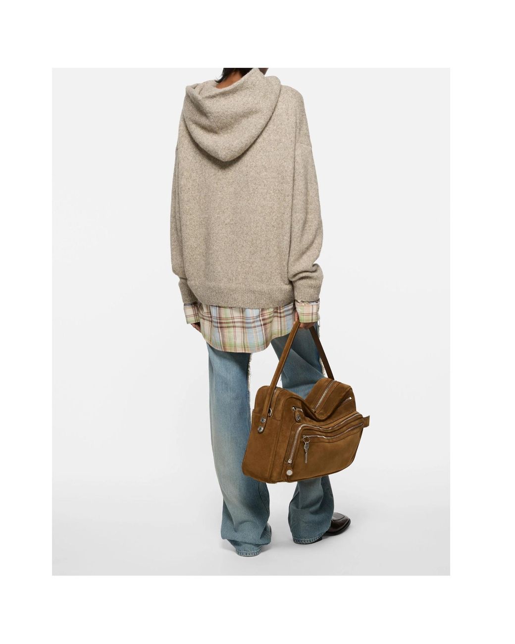 Acne Natural Layered Plaid Drop-Shoulder Hoodie