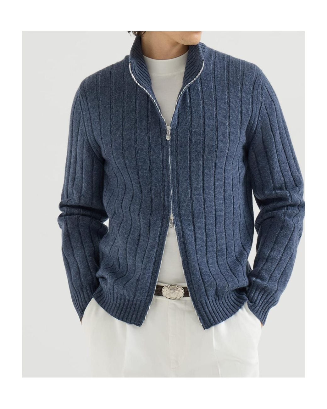 Brunello Cucinelli Blue Cashmere Ribbed Cardigan With Zip for men