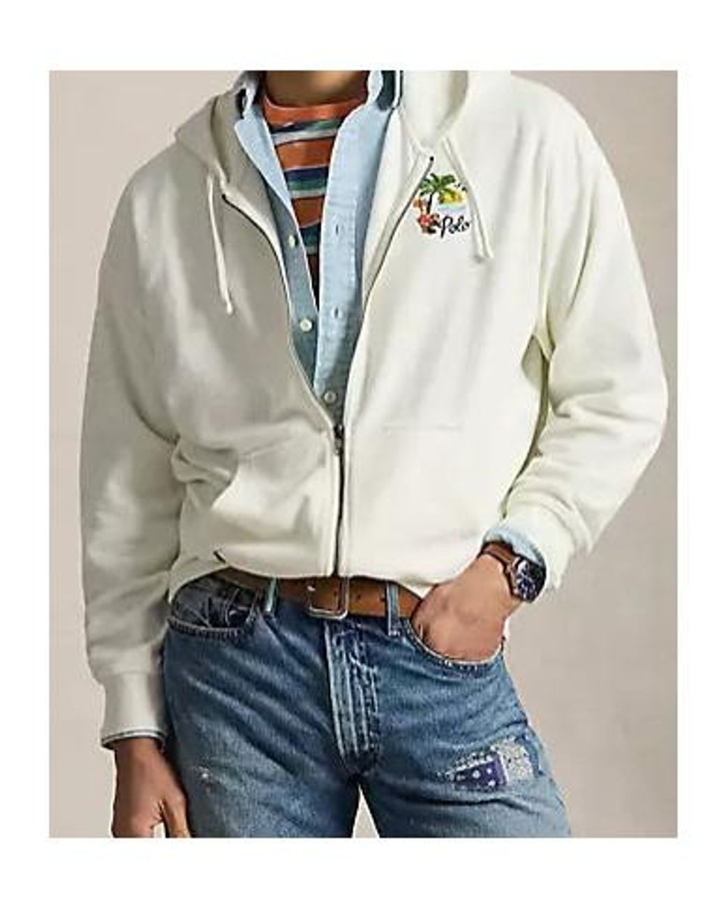 Polo Ralph Lauren White Embroidered Zip-Up Hoodie for men