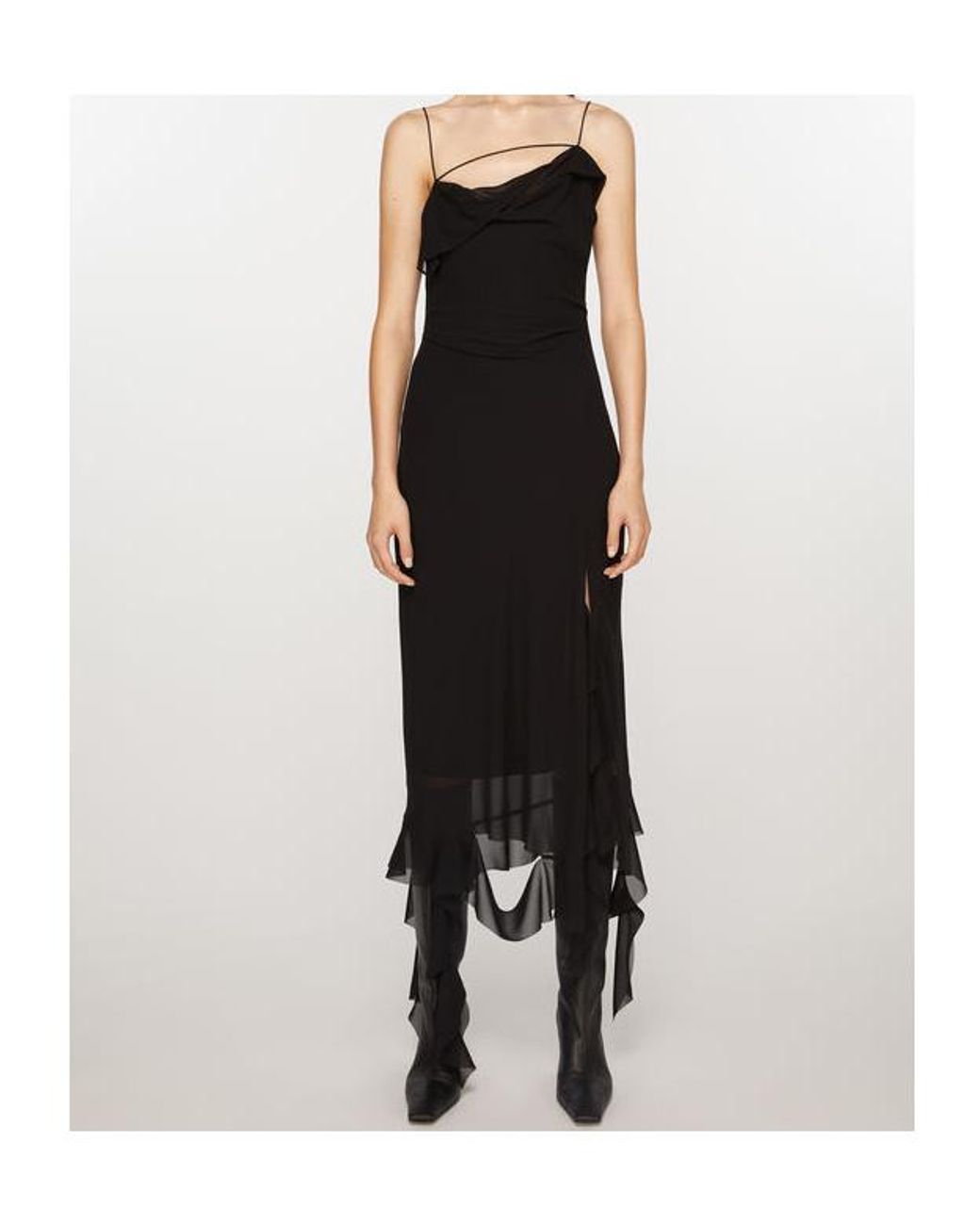Acne Black Ruffle Detailed Sleeveless Midi Dress