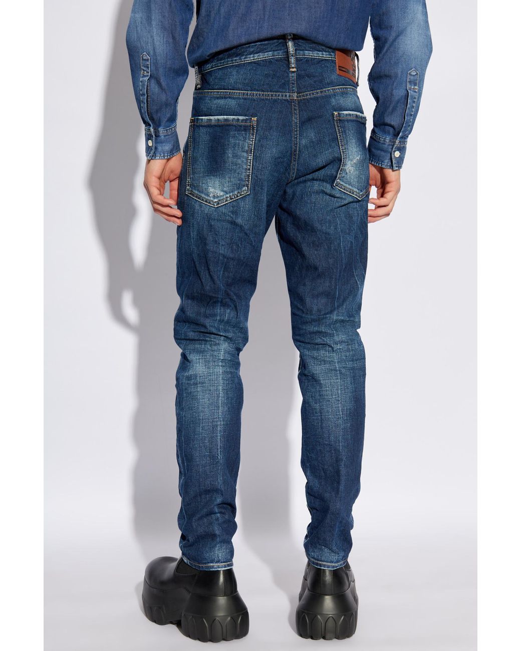 DSquared² Blue Whiskering-Effect Distressed Jeans for men