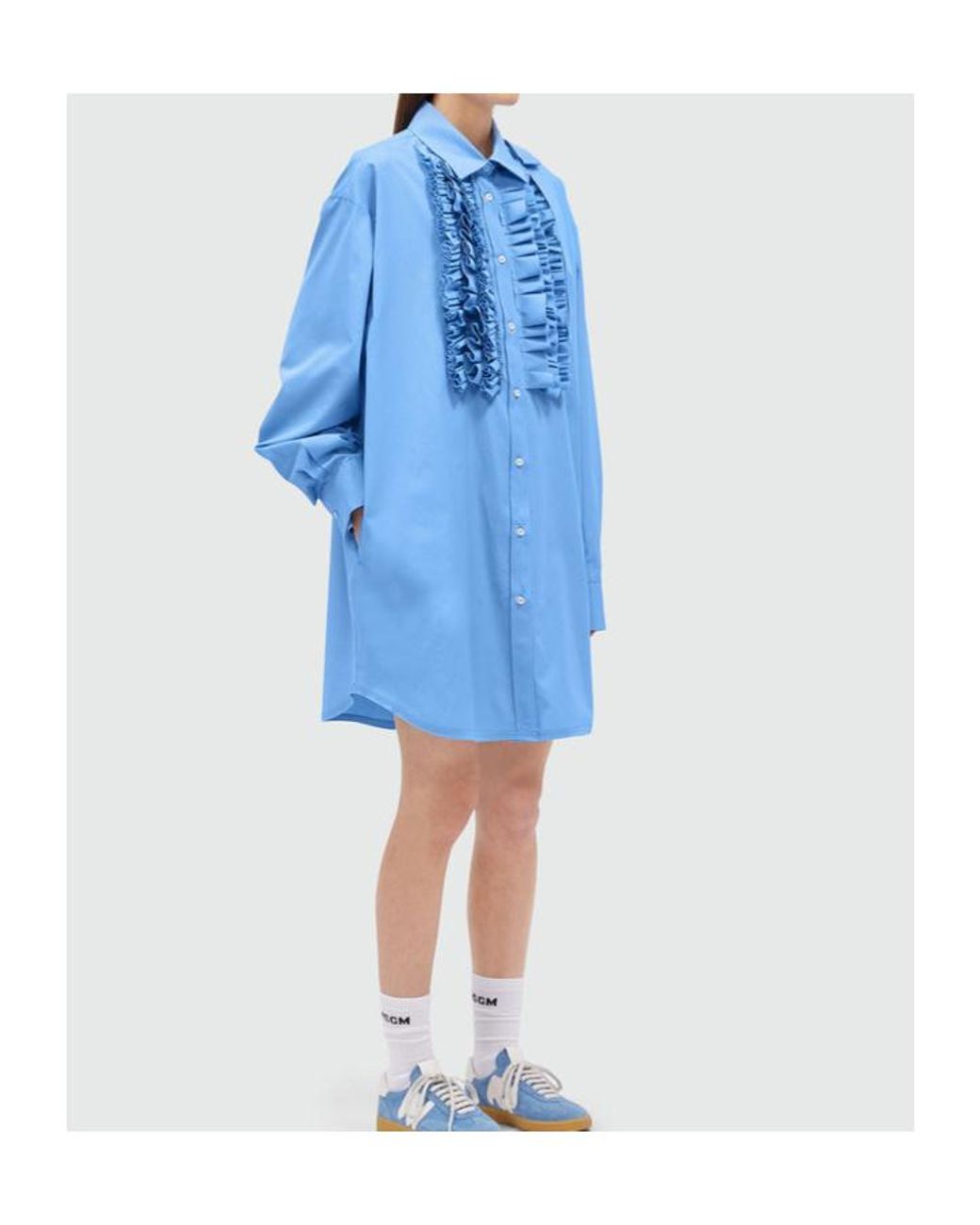 MSGM Blue Ruffled Curved Hem Mini Dress