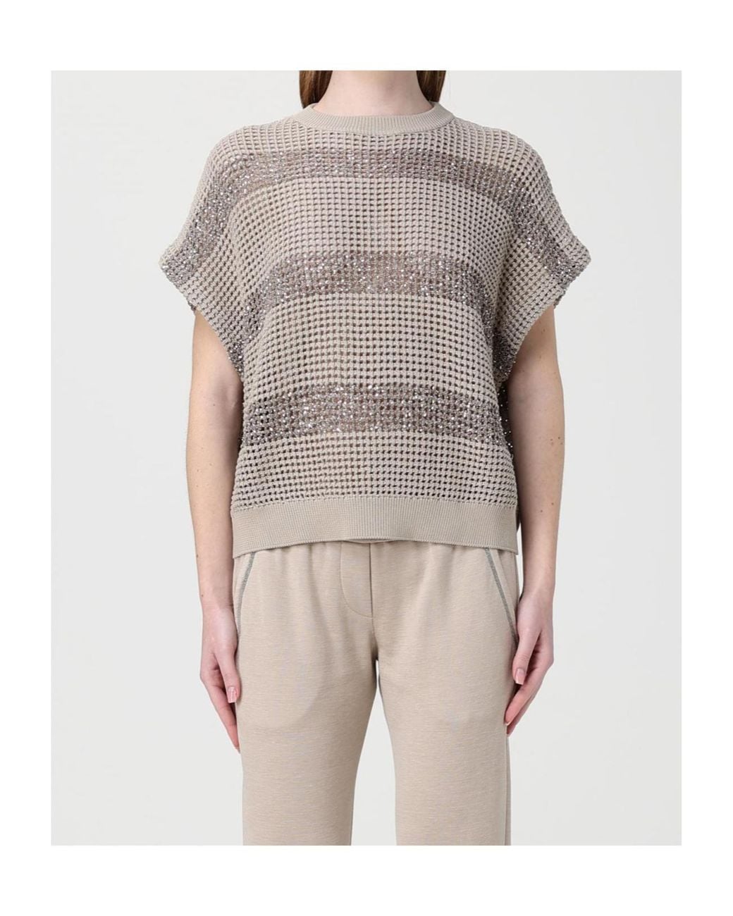 Brunello Cucinelli Natural Short Sleeved Knitted Top