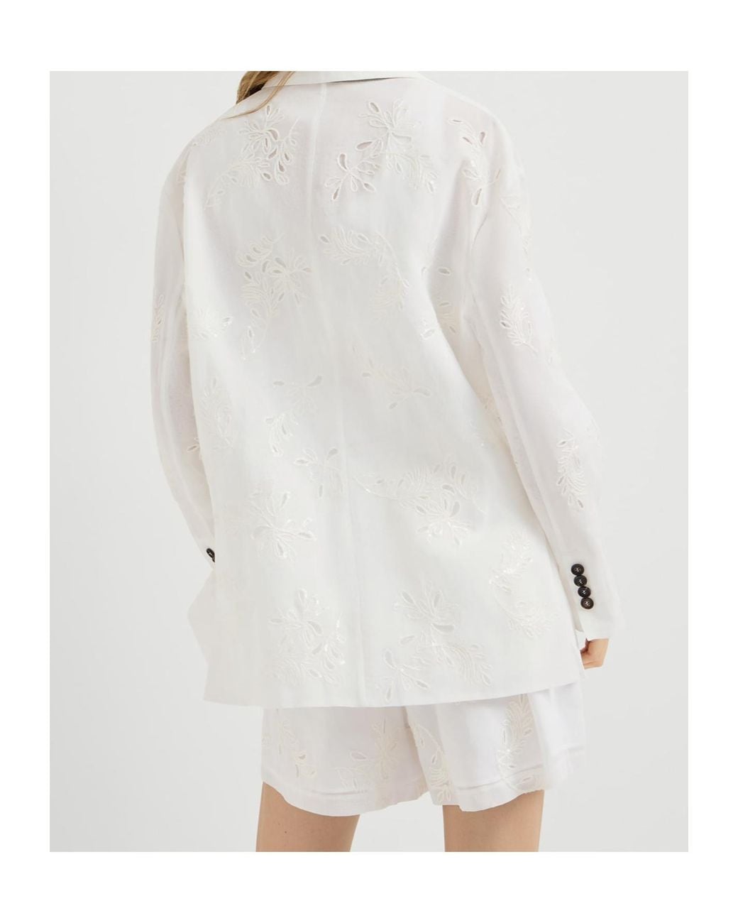 Brunello Cucinelli White Cotton Organza Blazer With Dazzling Broderie Anglaise With Monili