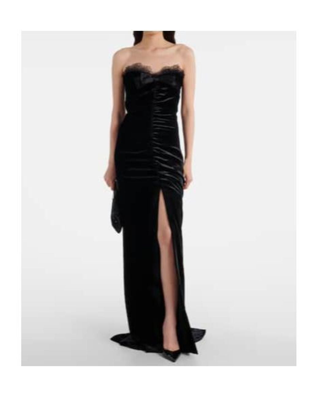 Alessandra Rich Black Bow-Decorated Pleated Silk-Trimmed Velvet Dress