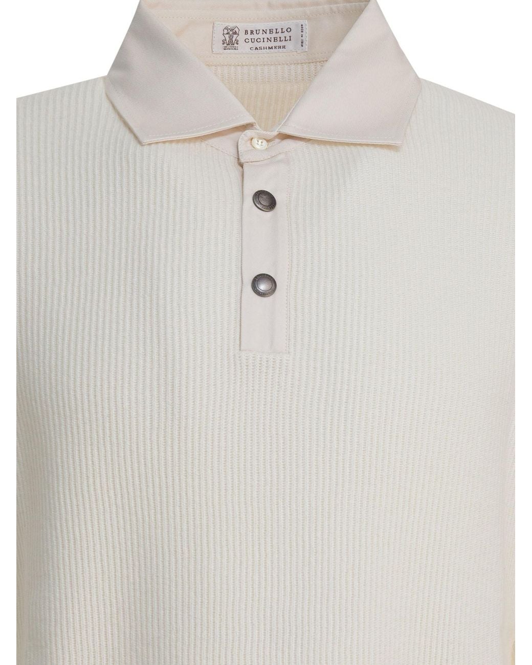 Brunello Cucinelli White English Rib Knit Twill Spread Collar Polo Shirt for men