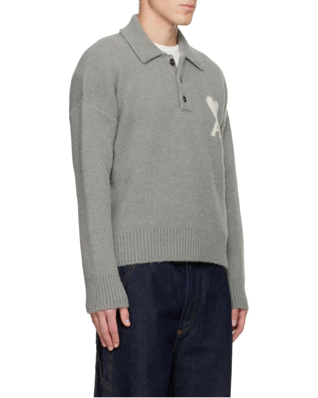 AMI Gray Ami De Coeur Intarsia Polo-Shirt for men
