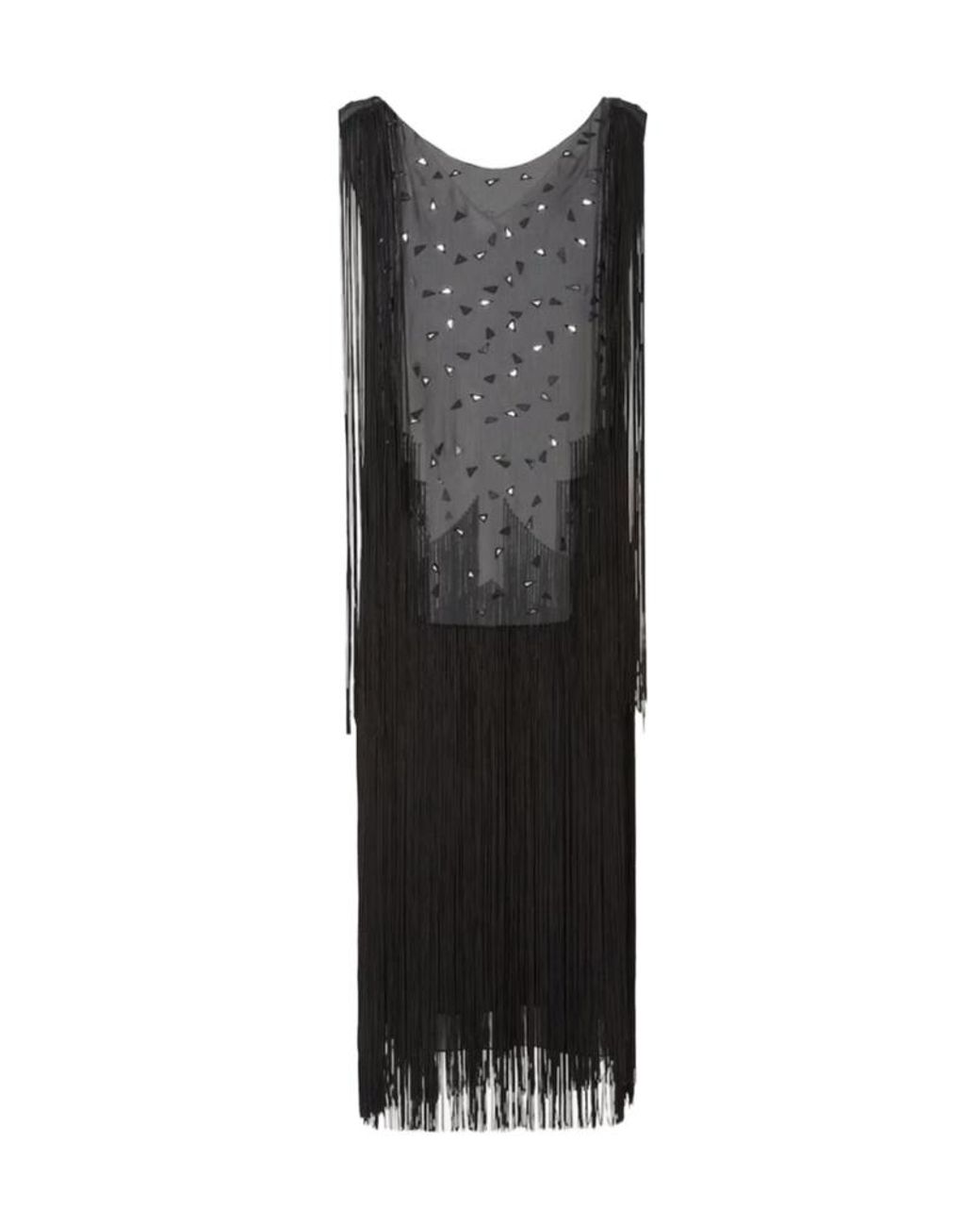 Fendi Black Silk Dress With Mirrors And Fringes