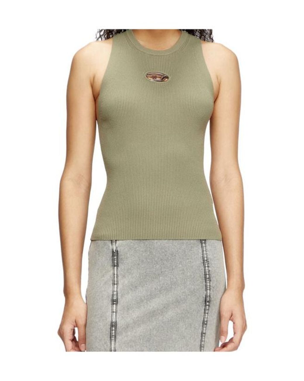DIESEL Green Caddix Logo Plaque Ribbed-Knit Top