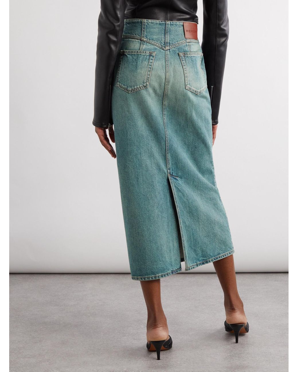 McQueen Green Fold Over Waist Denim Skirt